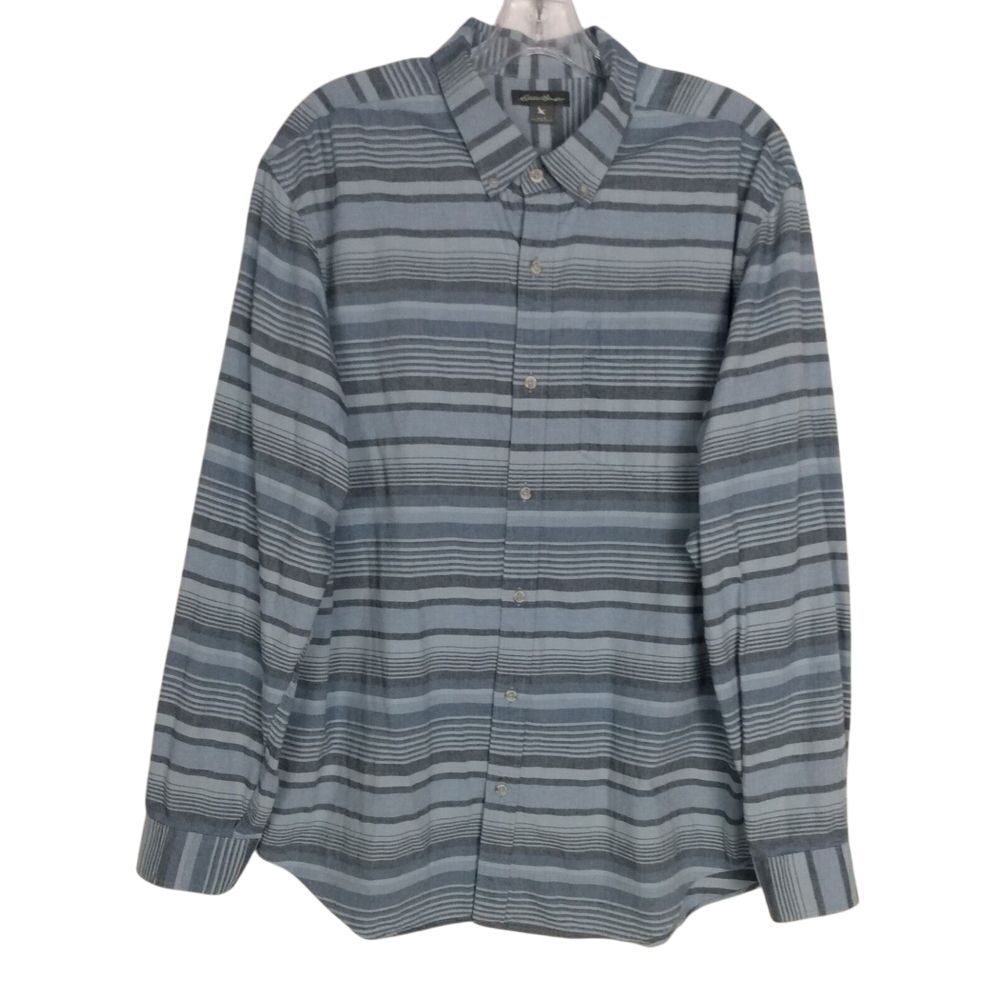 Eddie Bauer Shirt Mens Large Button Down Blue Gray Striped‎ Long Sleeve Classic